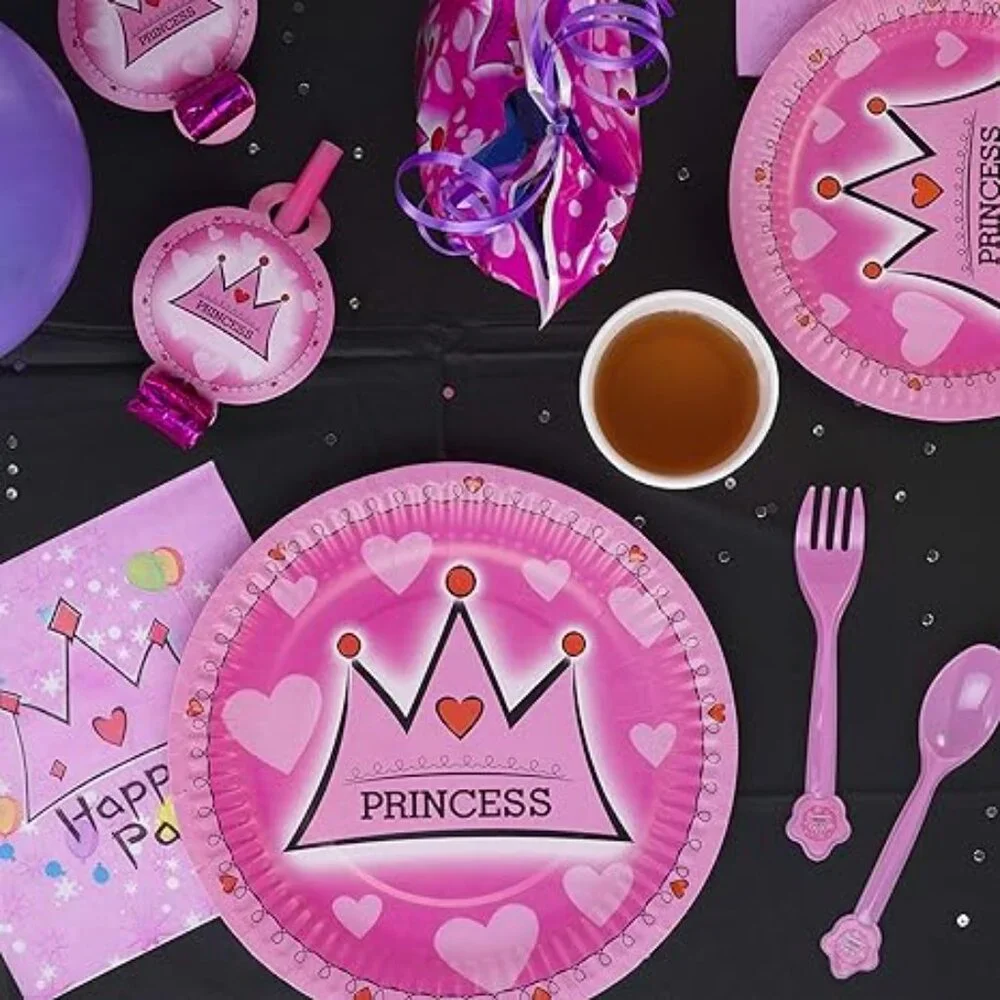 Princess Party Pack--Pink Plates, cups, party favors & Bags, fork, Spoon For 10
